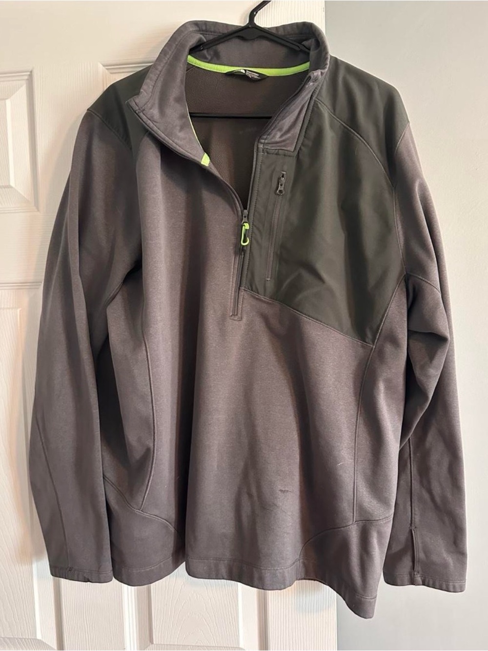 The North Face Men's Gray Pullover with Olive Shoulder Panel and Neon Accents